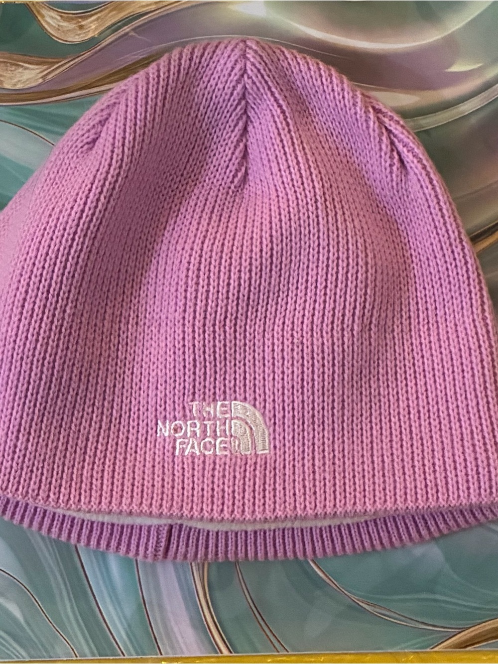 The North Face Lilac Ribbed Beanie with White Logo